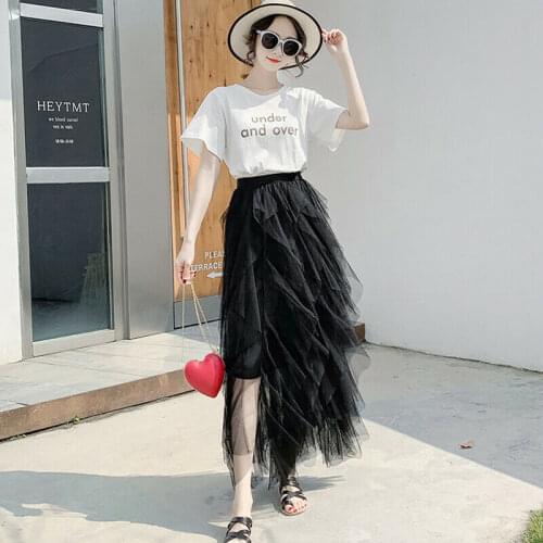 2019 Women Irregular Mesh Skirts Ruffles Tulle Long Skirts Layered High Waist Loose Skirts Elastic Waist Ladies Solid Skirts