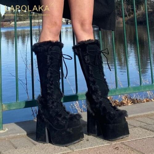 Lapolaka fashion women Boots Winter Comfy Warm Plush Flock Lace-Up Solid With Med Platform Winter Hot Sale Mid-Calf Women Boots