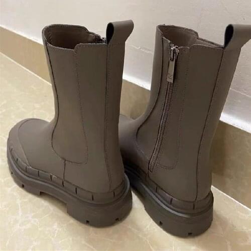 Womens Ankle Boots Autumn Winter Za New Chelsea Boots Pu Leather Zipper Chunky Heels Flats Platform Keep Warm Short Boots Women