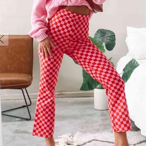 Women Casual Skinny Pants Y2K Joggers Female Classic High Waist Plaid Printed Slim Fit Flare Causal Pants Streetwear