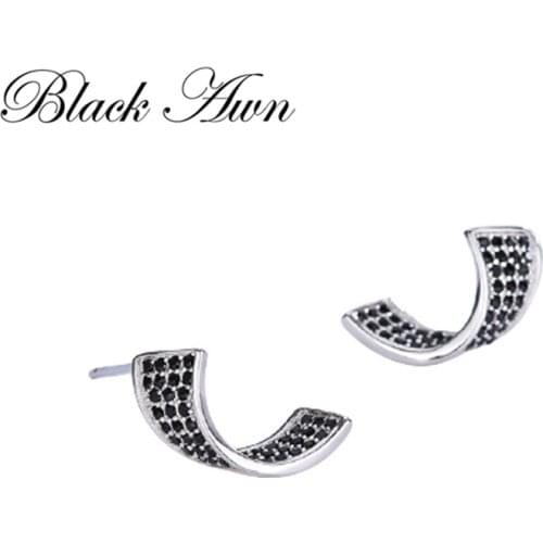 BLACK AWN Cute 100% Pure 925 Sterling Silver Stars Jewelry Black Stone Engagement Stud Earrings for Women I171