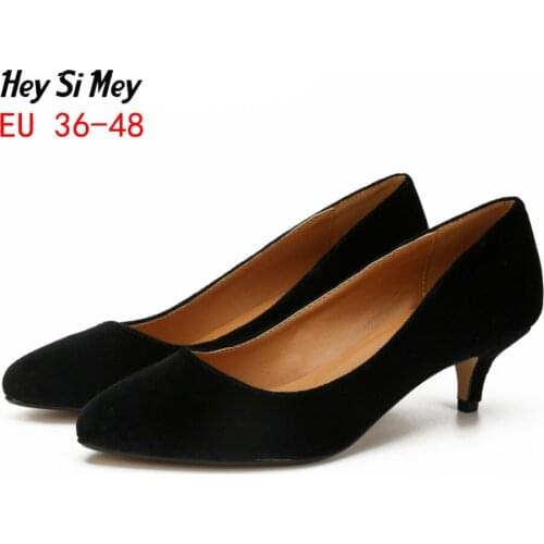 Newest Suede women pumps Large size Shallow mouth mid heel Pointed femme high heels ladies shoes