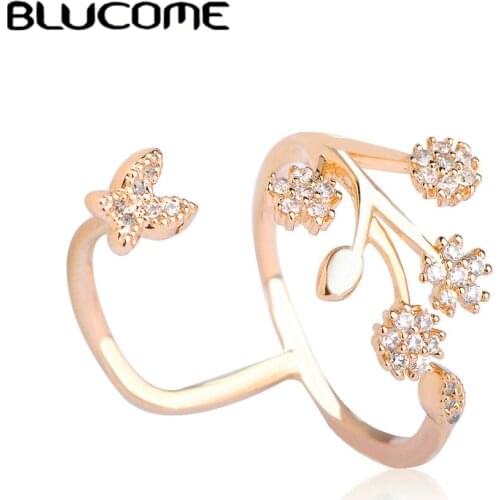 Blucome Luxury Rhinestone Copper Wedding Rings Butterfly Flower Couple Ring Adjustable Zircon Ring Female Only Lover Anel Bijoux