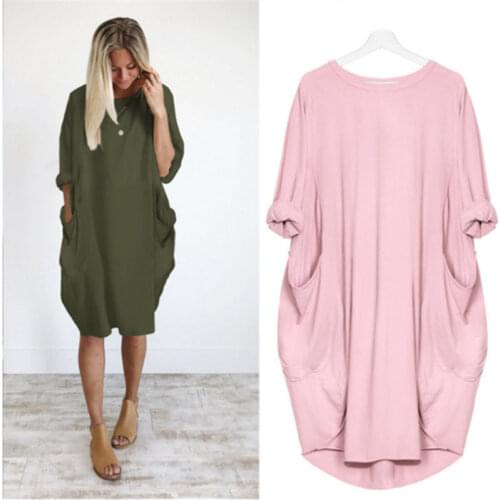 Womens casual loose pocket long sleeve plus size dress