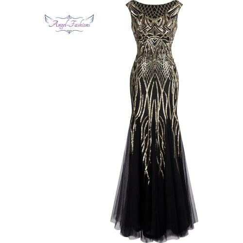 Angel-fashions Bateau Boat Neck Vintage Golden Sequin Ball Gown Long Prom Dresses 377