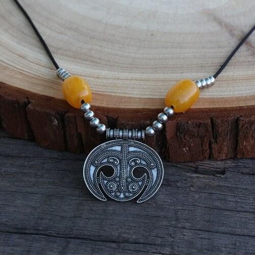 1pcs Natural Semi-precious Stone With Slavic Lunula Pendant, Slavic Inspired Jewelry, Viking Dress Boob Pendant For Charms Women