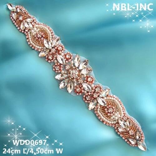 30PCS )Wholesale hand beaded sewing bridal rose gold rhinestone applique for wedding dresses sash DIY iron on WDD0697