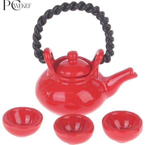 4pcs/Set 1: 12 Dollhouse Furniture Miniature Teapot Cup Plate 1 Teapot With Lid+ 3 Cups Dining Ware Toy Tea Set