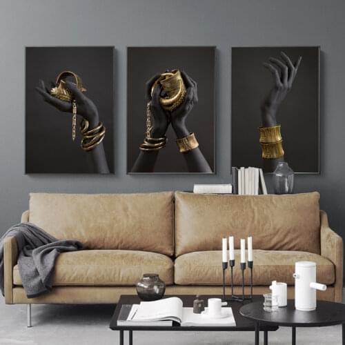 African Woman Black Hand Gold Jewelry Canvas Painting Wall Art Posters and Prints Picture for Living Room Home Decoration Modern