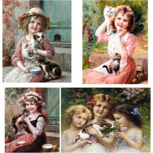 5D DIY Diamond Painting girl with cat dog Full Square/Round Embroidery Sale Picture Rhinestone Diamond Mosaic Home Decor