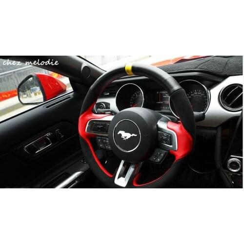 High quality all hand-sewed top layer leather (smooth+suede leather) 38cm steering wheel cover for 2015-2019 Ford Mustang