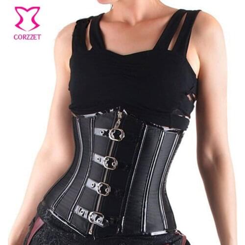 Black Satin&PVC Full Steel Boned Zip Up Sexy Gotico Espartilho Underbust Corset Waist Trainer Corpetes E Espartilhos Para Festa
