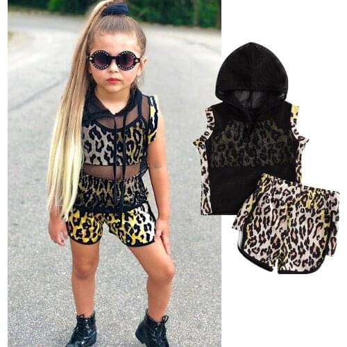 Kids Girls Leopard Print Clothing Sets Mesh Short Sleeve Hooded Top and Shorts Children Summer Streetwear 1-6 Years 2021