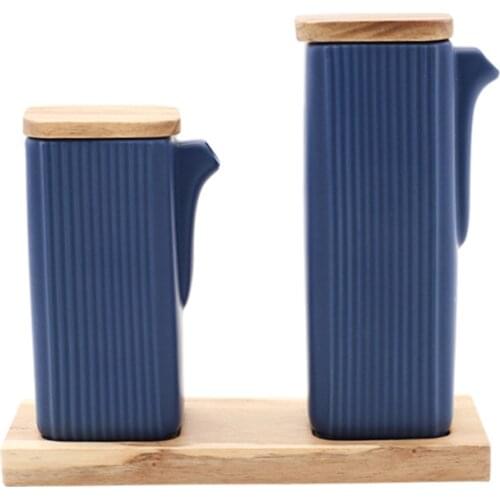 Nordic striped ceramic seasoning tank oil bottle Kitchen salt shaker set Lightweight matte seasoning box acacia wood cover
