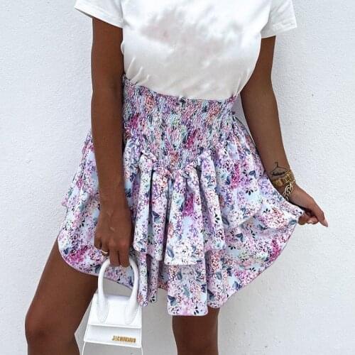 High Waist Short Floral Skirt Summer Women Cascading Ruffles Flowers Print Skirts 2021 Boho Casual Mini Beach Skirt Female