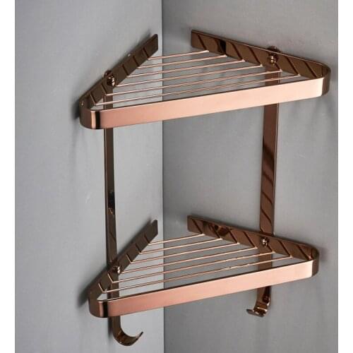 Copper Bathroom Corner Shelf Solid Brass Shower Rack Gel Shampoo Cleanser Storage Holder Wall Mounted Nail Punched Rose Gold