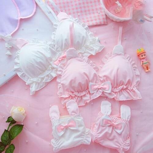 Sweet Cute Long Ear Bunny Bra Briefs Woman Lingerie Panties Set Japanese Kawaii Lolita Underwear Soft Wire Free Brassiere Inti