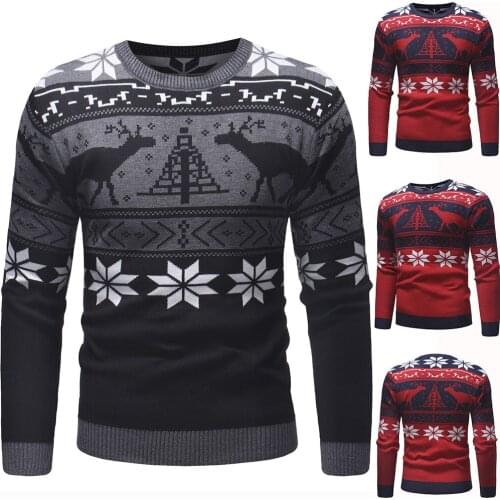 2020 Mens Winter Tops Christmas Fawn Polygonal Sweater Men Slim Round Collar Long-sleeved Sweater Mens Cloths