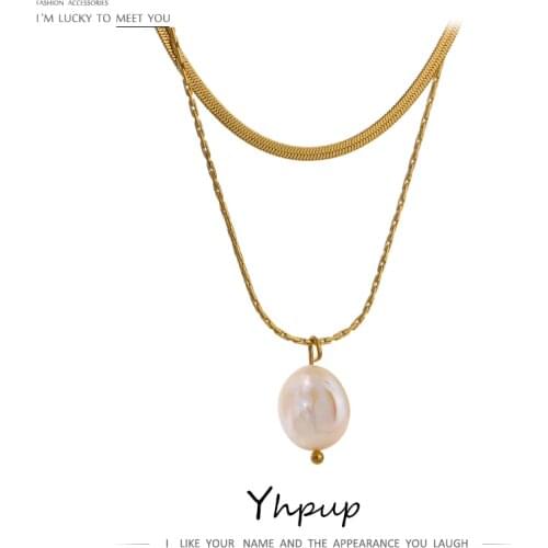 Yhpup Natural Pearl Pendant Neckalce Stainless Steel Metal Layered Collar Necklace Gold Accessories бежутерия женская колье 2021