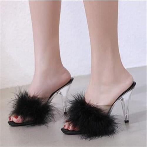 Plus Size 34-44 45 Woman Sexy Slippers Female 7/10CM Feather Party High Heels Shoes Women Summer Fur Transparent Slippers Ladies