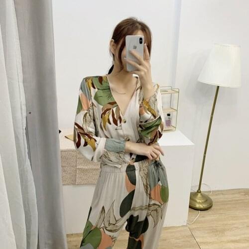 Simple Sleepwear Pyjamas Womens Pajamas Cotton Long Sleeve Ladies V-Neck Pijama Sets Homewear Fashion Leaf Print Lounge Wea
