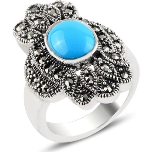 Silver 925 Sterling Turquoise & Marcasite Ring