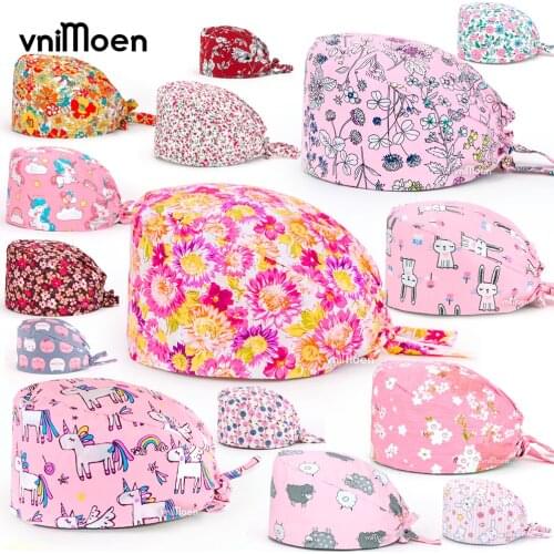Red series scrubs cap wholesale Unisex Adjustable Scrub Cap Floral Print hat doctor nursing Clean hat Dust cap Beauty expert hat
