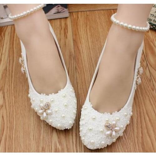5CM middle MED heel wedding shoes ivory handmade luxury high quality ivory lace pearls bridal pumps shoes ankle elastic band