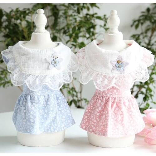Korean Pink Blue Puppy Dog Cat Princess Dress Fashion Dot Stars Lace Dogs Clothes For Small Medium Dog Overalls Dress Chihuahua