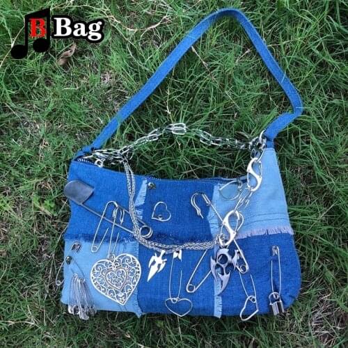 Women shoulder bag Denim stitching retro Street underarm bag Y2K lady Messenger Bag female metal chain pin Handbag tote Satchel