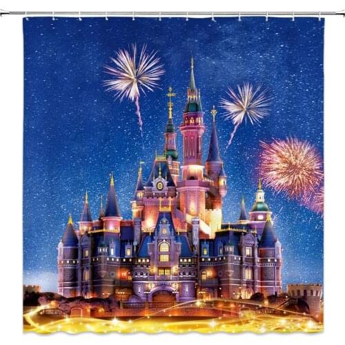 Fantasy Castle Shower Curtain Bathroom Decor Castle Night View Fireworks Starry Sky Scenery Polyester Fabric Hanging Curtains