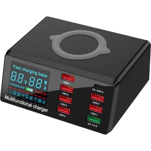 X9 100W 8 Port USB Charger Hub PD Quick Charge 3.0 Adapter LED Digital Display Desktop Charging Station Wireless Charger
