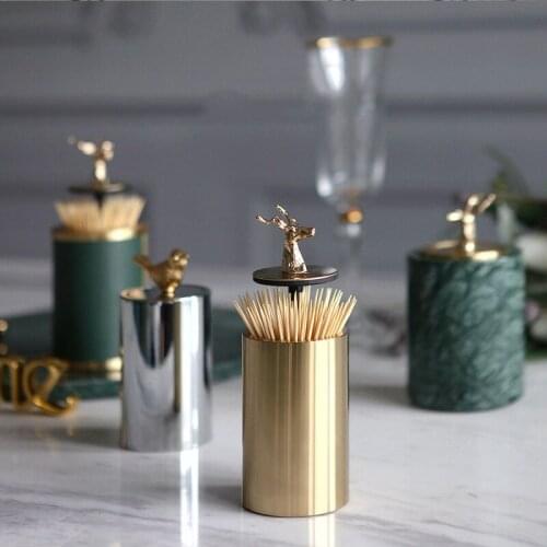 Green Cylindrical Marble Pressed Toothpick Box Dining Room Living Room Desktop Decor Metal Bird Elk Ornament Toothpick Holder