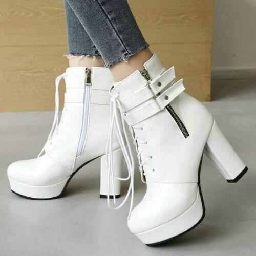 2021 Women Ankle Boots Platform Square High Heel Ladies Lace Up Boots PU Leather Zipper Round Toe Womens Boots Black White Red