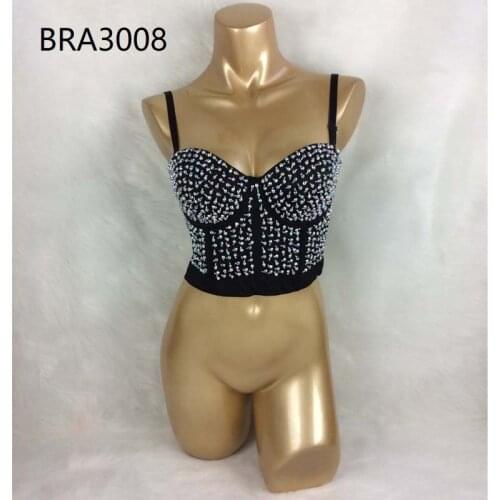 Hot Bras For Women New Punk Style Beaded Sequined Party Club Bra Black Push Up Rave Studded Bra Nightclub Bras Clubwear 3008