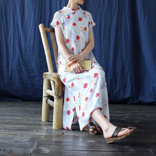 Women Summer Cotton Linen Qipao Dress Ladies Vintage Printed Loose Stand Collar Dress Female 2021 Dress