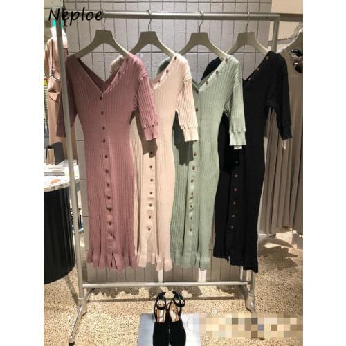 Japanese Style Elegant Temperament Dress Women V-neck Half Sleeve Slim Fit Knit Dresses A-Line Soft Chic Button Femme Vestidos