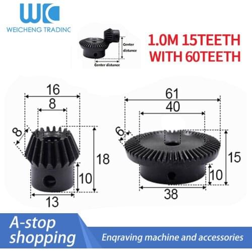 2pcs 1:4 Bevel Gear 1 Modulus 15 Teeth + 60 teeth Inner Hole 6mm 90 Degree Drive Commutation Steel Gears cnc machine