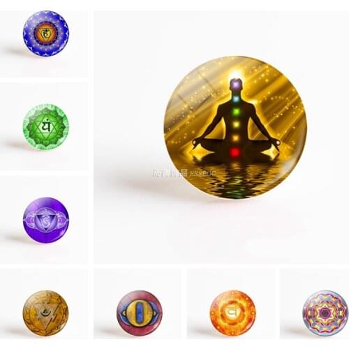 5Pcs/lot 7 Chakra Yoga Om Symbol Glass Cabochon 25 MM DIY Round Bead Handmade Pendant IDY Charm Indian Jewelry Findings