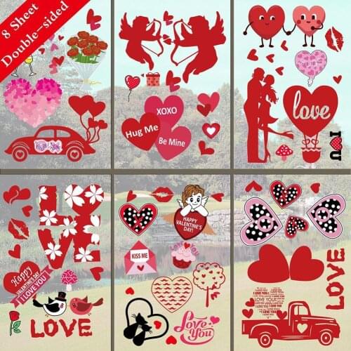 8pcs Love Heart Valentine Day Wall Stickers Double-sided Same Color Window Glass Decals Valentine Wedding Party Decor