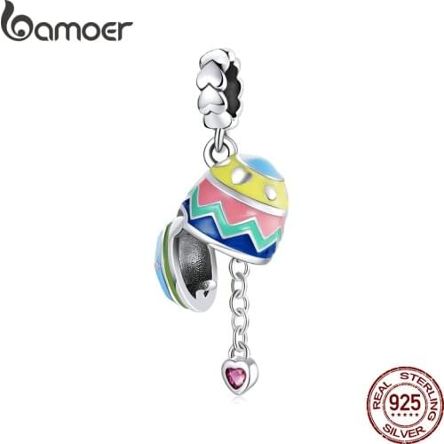 Bamoer Easter 925 Sterling silver Lucky Eggs Pink Heart Colorful Charm Pendant Original Bracelet Women Jewelry Making SCC1753