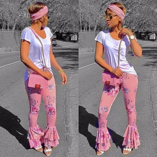 New Fashion Summer Pink Flare Pants Floral Ruffled Draped Printing Pants Ladies New Arrival Wide Leg Skinny Trousers Palazzo Hot