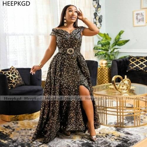 Black Gold Sparkly Long Evening Dress Off The Shoulder Detachable Train Sequins Women Party Dresses Plus Size Evening Gown