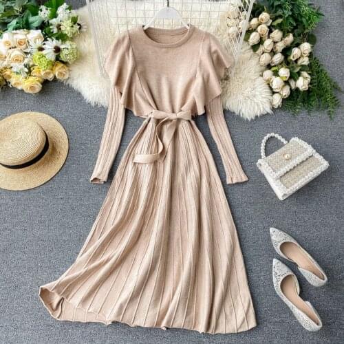 Croysier Winter Long Sleeve Warm Sweater Dress Ruffle Elegant Pleated Knitted Midi Dress With Belt Dresses For Women Clothes