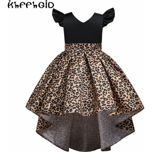 Childrens dress girls dress leopard print V-neck childrens Princess Dress tail show dress printed small flying sleeves fashio