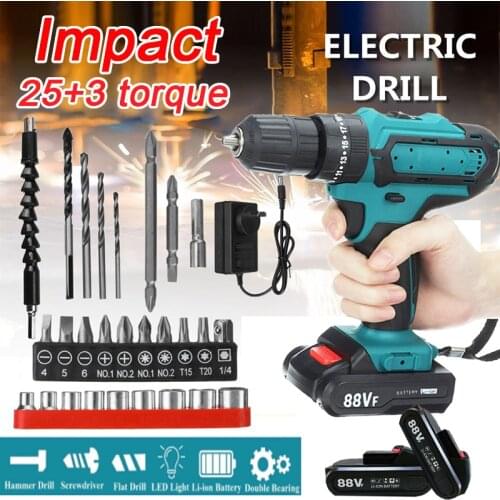 Gisam 88V Rotary Hammer Drill Cordless Impact Drill 25+3 Torque Electric Screwdriver Drill Power Tool With Battery Drill Bit Set
