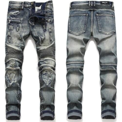 Mens high quality biker jeans distressed ripped denim pants scratched patched motor jeans men blue jeans pants