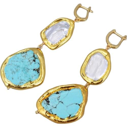 GG Jewelry Natural Cultured White Biwa Keshi Pearl Blue Turquoises Slice Leverback Earrings Ethnic Style For Women