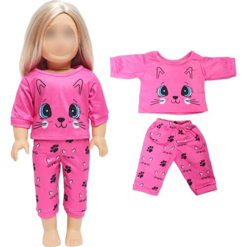 Fashion Rose Red Doll Outfit Cat Pattern Top Trousers Cute Clothes for 18 Inch 43 CM Baby Girl DIY Accessoriess House Toys