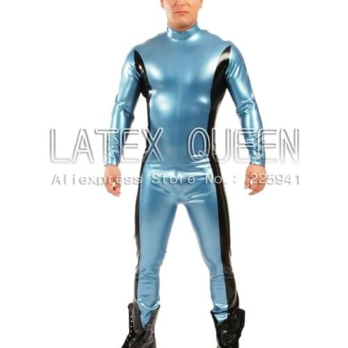 Men 's adult fashion sexy long sleeve latex bodysuit maillot costume Metallic blue